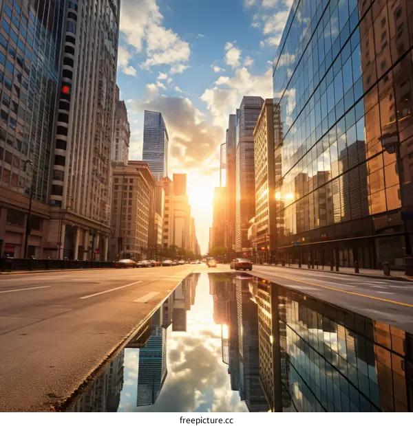 City street with skyscrapers and reflection in the water
