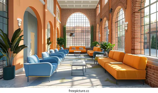 Modern Interior Design with Orange and Blue Couches in a Brick Wall Building