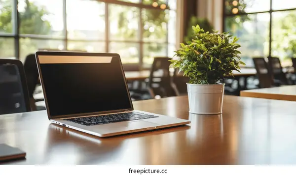 Modern Office Workspace with Laptop and Plant