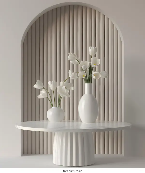 White Tulips in Vases on Marble Table with Arch Background
