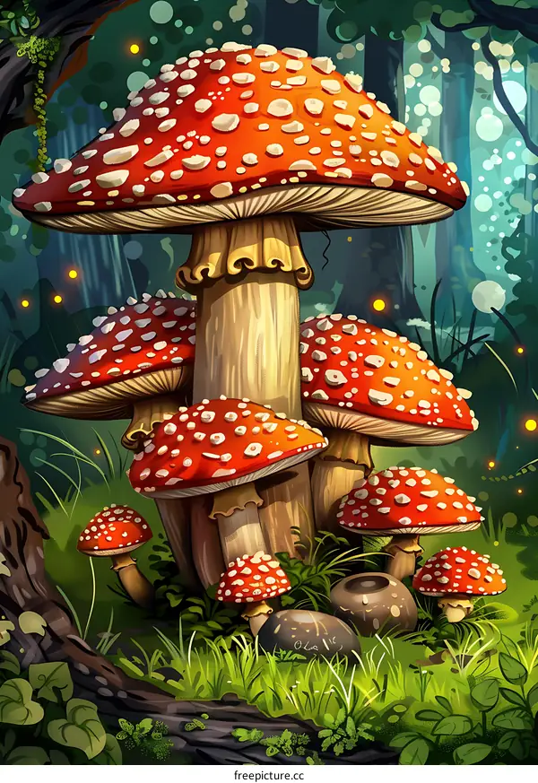 Red and White Mushrooms in a Forest