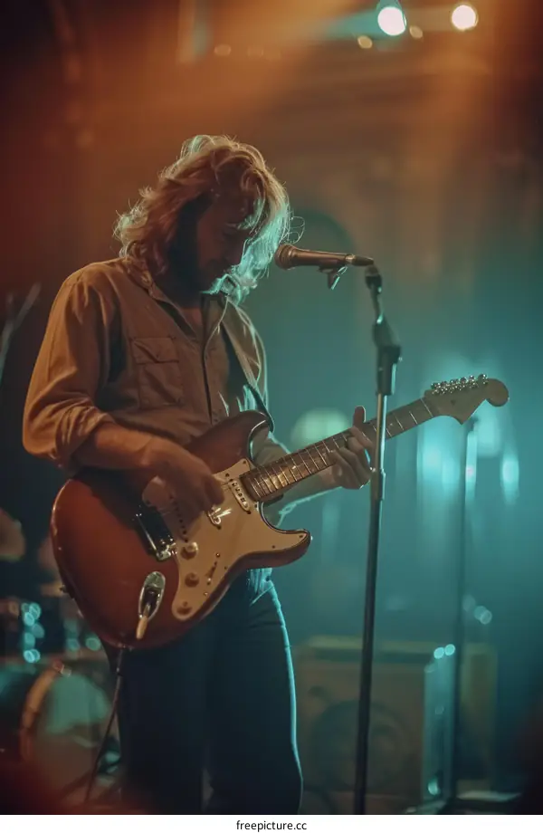 Rock musician playing electric guitar on stage during live concert