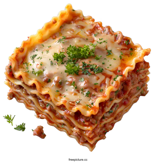 [Transparent Background PNG]Freshly baked lasagna with cheese and herbs
