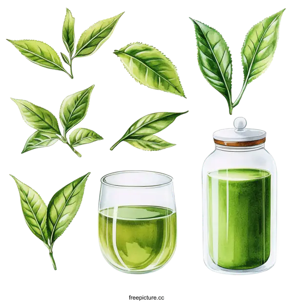 [Transparent Background PNG]Watercolor Illustration of Tea Leaves and Drink