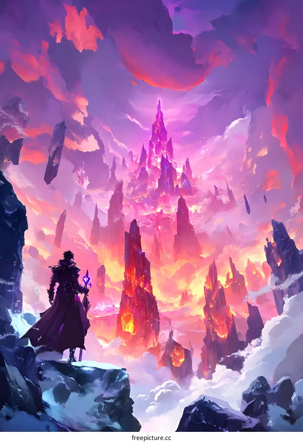 Fantasy Landscape With A Man In A Cape Standing On A Cliff Looking Up At A Mountain