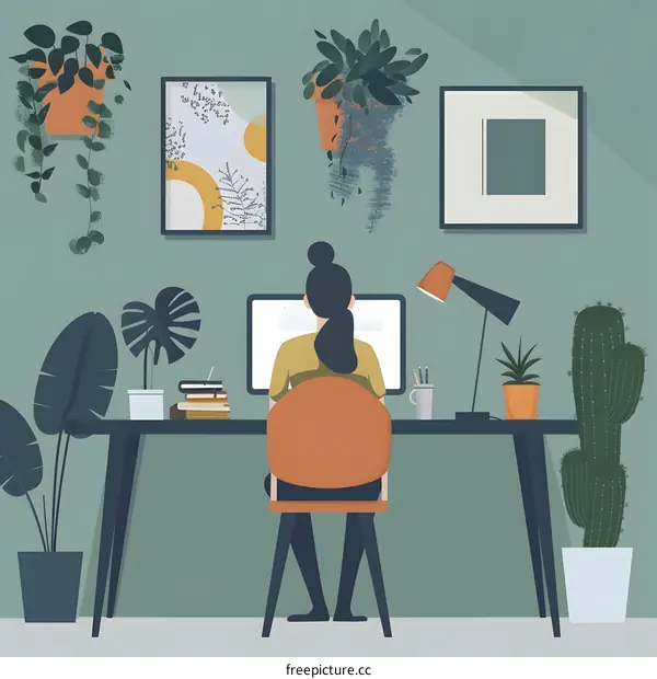 Woman Working at Home Office Desk with Plants