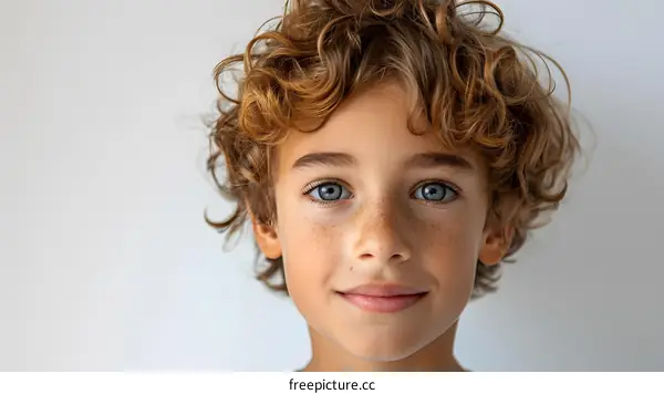 Portrait of a happy boy with curly blond hair and blue eyes