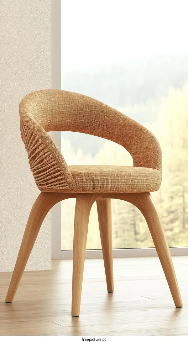 Beige Wooden Chair with Woven Back Design