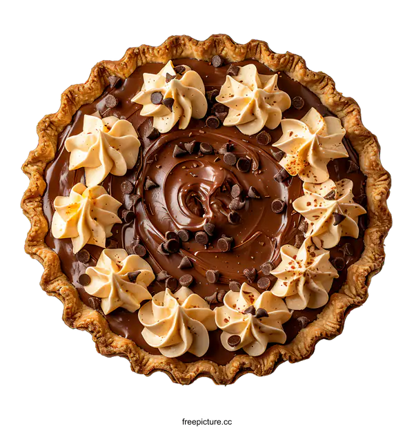 [Transparent Background PNG]Top view of a chocolate cream pie with whipped cream rosettes and chocolate chips