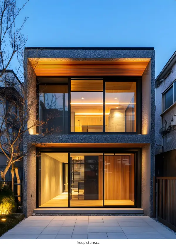 Modern Japanese Style House with Wooden Accents and Large Windows