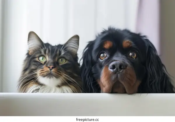 A Fluffy Cat And A Dog Are Looking Out The Window