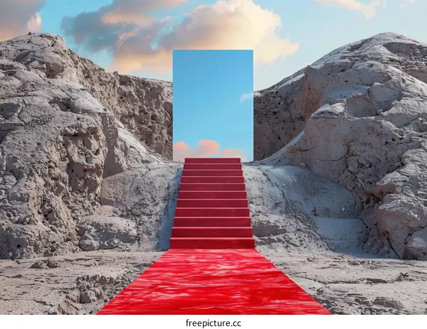 Red Carpet Stairs Leading To Blue Sky In Desert