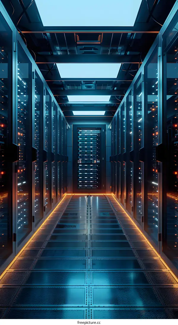 Futuristic server room with blue and orange lighting