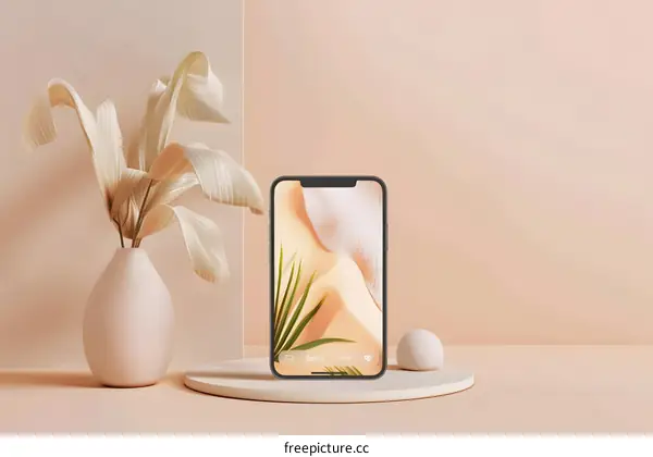 Minimalist Phone Mockup with Dried Leaves and a Beige Background