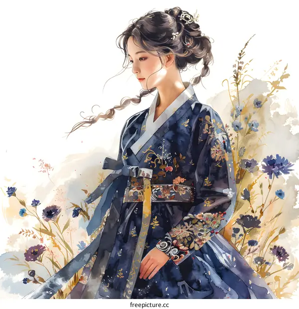 A beautiful Korean woman in traditional dress, with flowers in the background