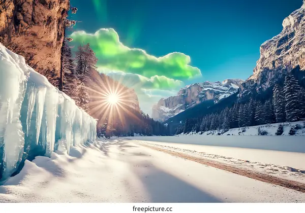Frozen Lake Landscape with Icicles and Aurora Borealis