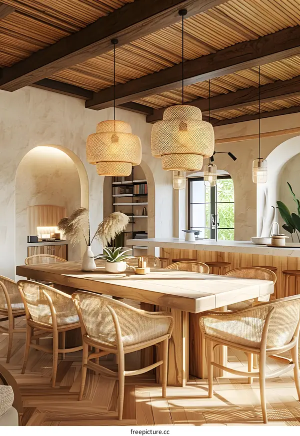 Modern Minimalist Dining Room Interior Design with Wooden Table and Chairs