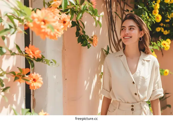 Woman in a White Shirt Standing in Front of a Pink Wall