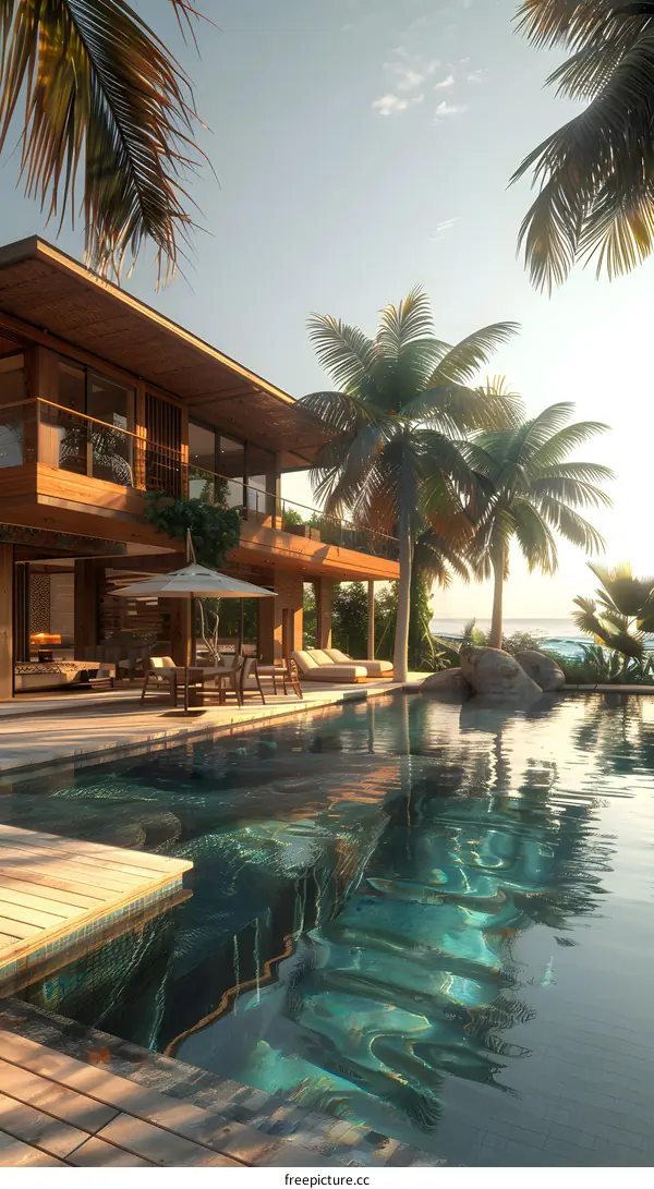Modern Tropical Villa with Swimming Pool and Palm Trees