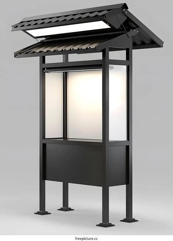 Black Metal Kiosk with Glass Panels and Lights