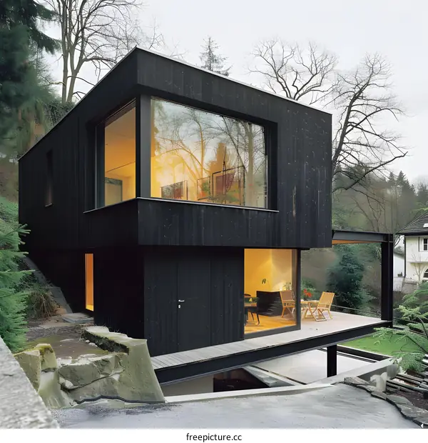 Modern Black Wooden House With Large Windows