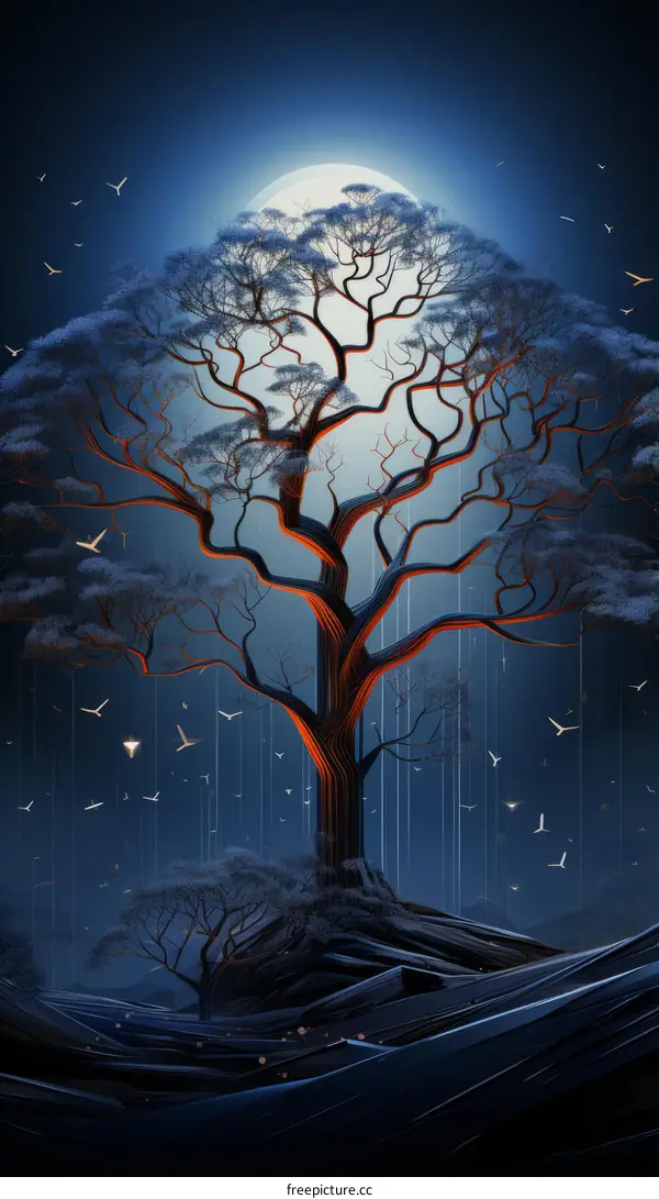 Fantasy landscape with a large tree and a bright moon