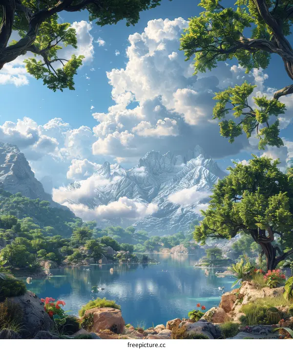 fantasy landscape with lake and mountains