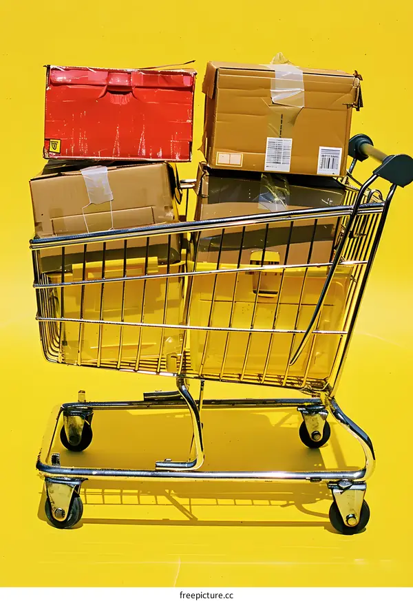 Shopping Cart Full of Packages on Yellow Background