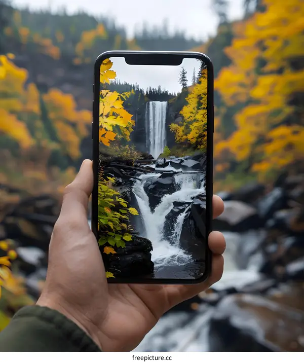 Hand Holding Phone Taking Picture of Waterfall in Autumn