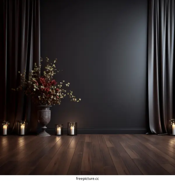 Dark room with vase of flowers and candles