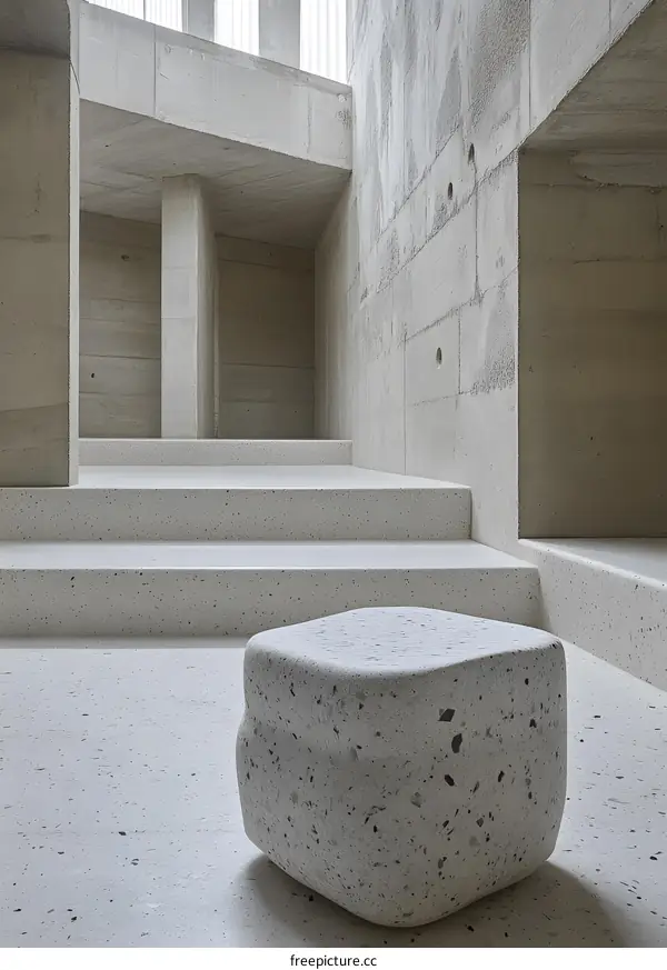 Minimalist Concrete Architecture Interior Design with Stone Stool