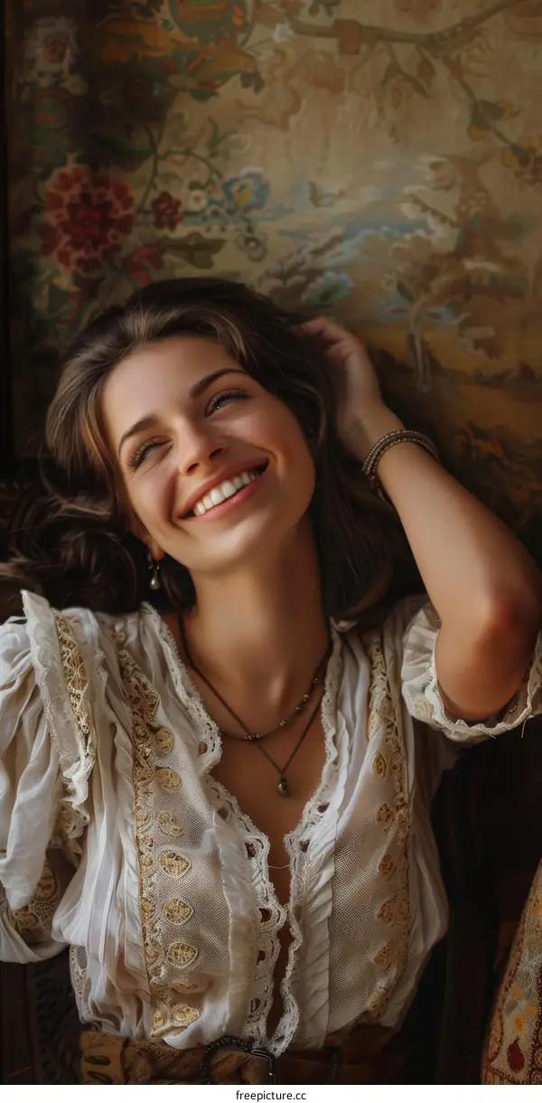 Smiling Woman in Vintage Style Blouse