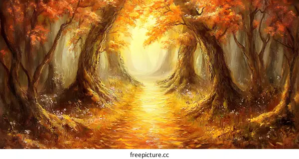Autumn Forest Path Landscape Painting