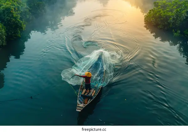 Fisherman in a boat casting his net in the river at sunrise