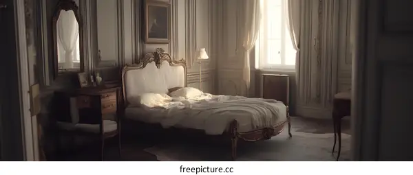 Elegant Bedroom with Golden Bed Frame and White Bedding