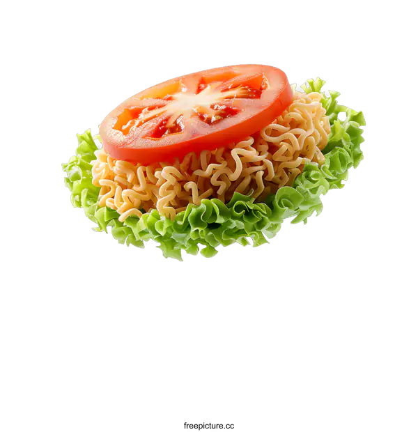 [Transparent Background PNG]Creative and unusual hamburger made of instant noodles, lettuce and tomato
