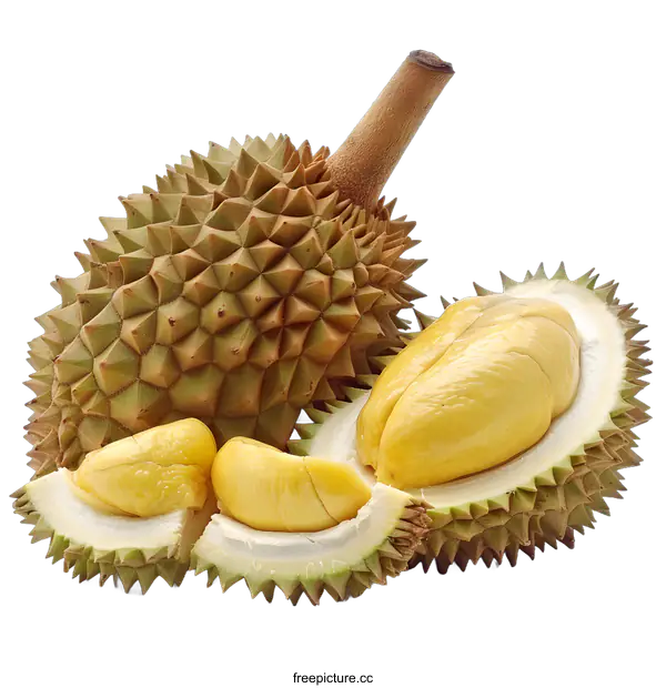[Transparent Background PNG]A durian cut in half with one half showing the yellow flesh and seeds.