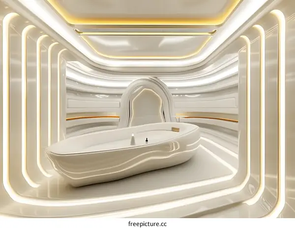 White Futuristic Bathroom Design with Oval Tub and Curved Walls