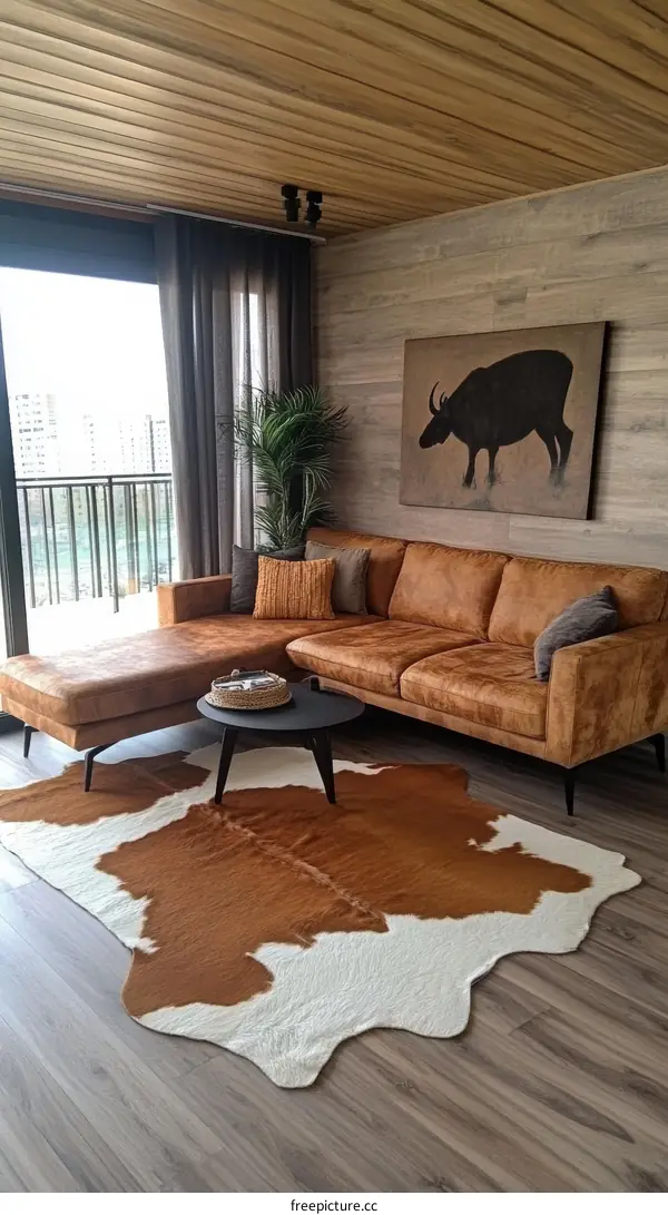 Modern Living Room Interior Design with Cowhide Rug