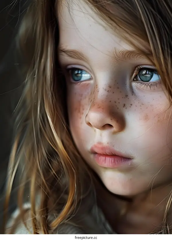 Portrait of a young girl with freckles and green eyes