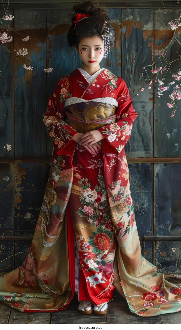 A woman wearing a red kimono with floral patterns