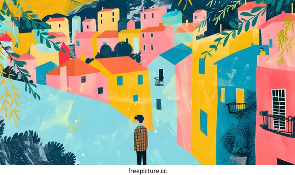 Colorful Illustration of a Man Standing in Front of a Row of Houses