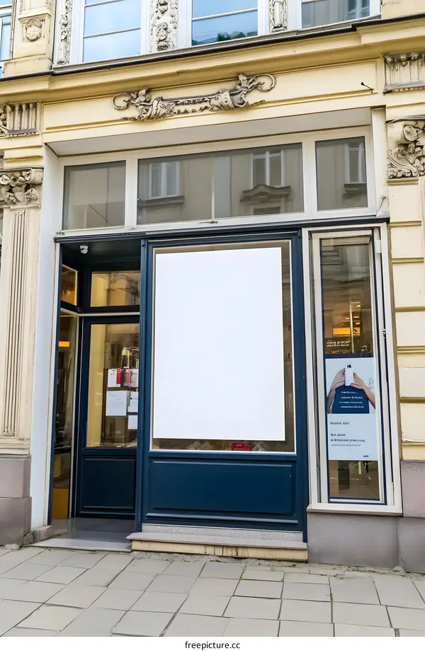 Blank White Sign On A Shop Window In City