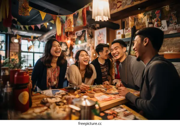 A group of friends laughing and enjoying their time together at a restaurant