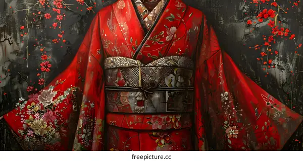 A woman wearing a red kimono with floral patterns
