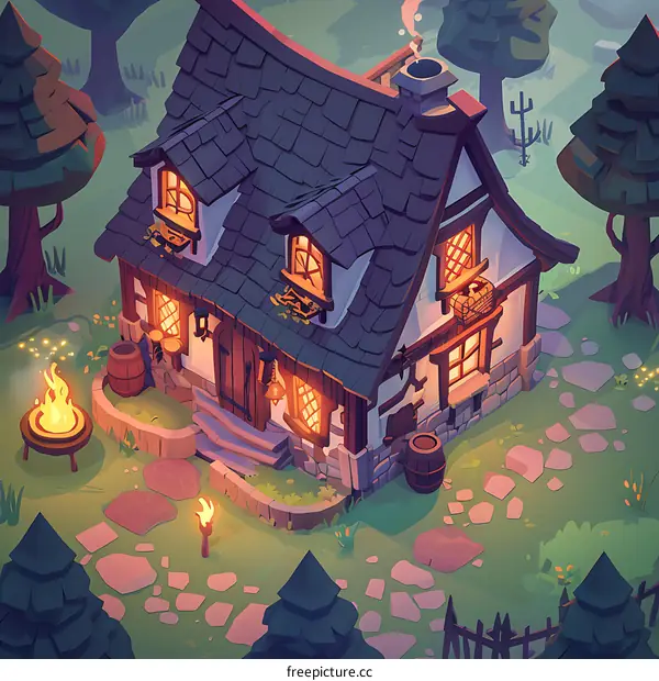 Cozy Cottage in the Woods at Night