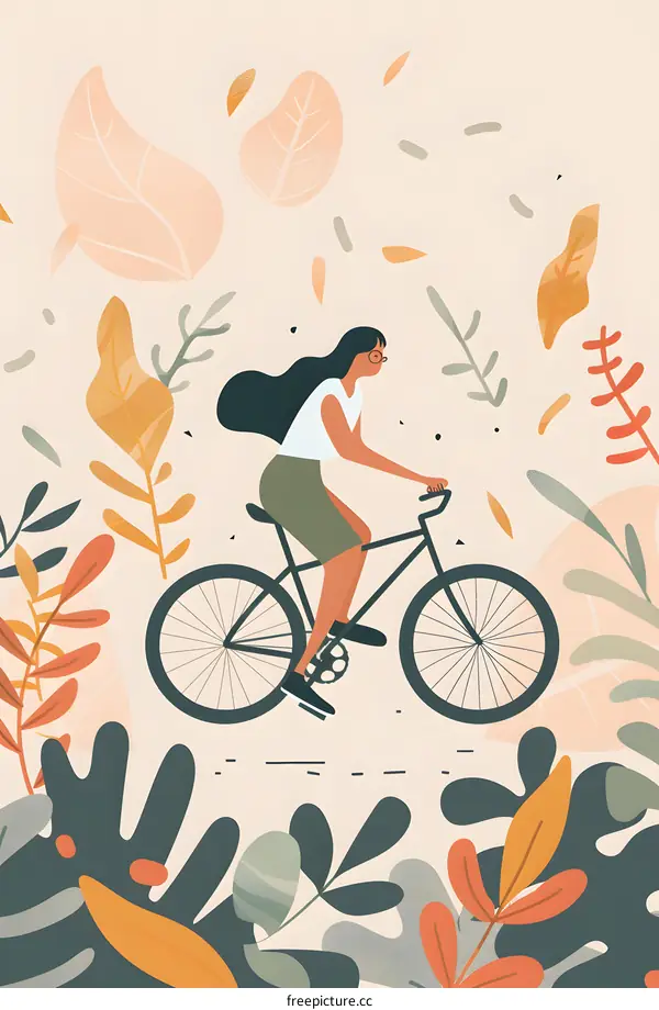 Woman Riding Bicycle In Nature Illustration