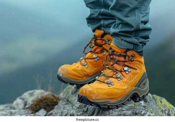 A person wearing a pair of yellow hiking boots is standing on a rock in the mountains.