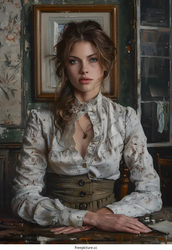 portrait of a beautiful young woman with long brown hair wearing a white blouse