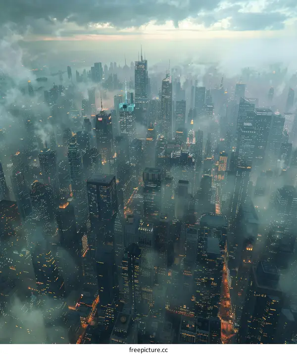 A Bird's-Eye View of a City Engulfed in Fog at Night